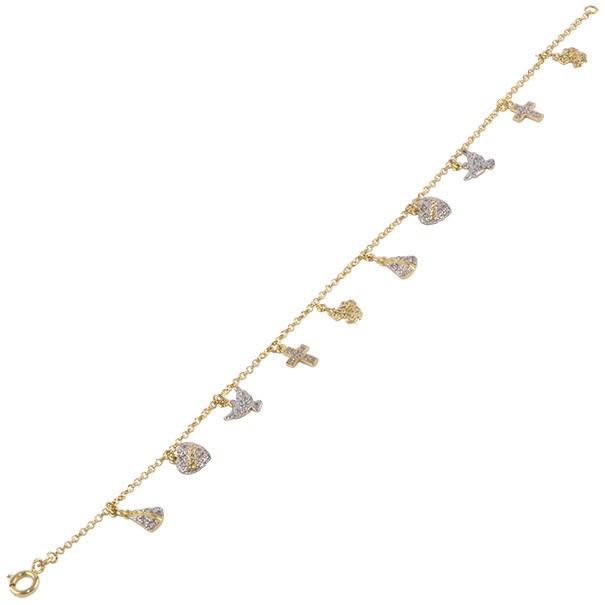 Pulseira Elo Português 19cm Com Berloques Religiosos e Zircônias - 5.10gr