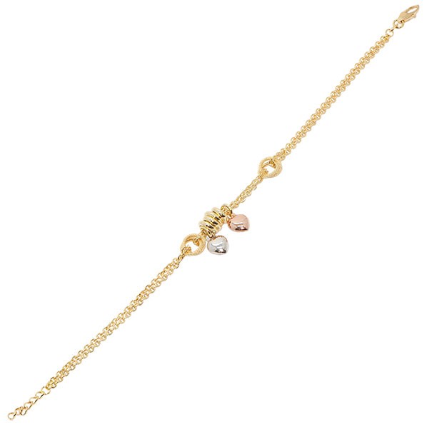 Pulseira em Ouro Tricolor 18k Bailarina Dupla com Argolas e Berloques Corações  18cm - 4.00g