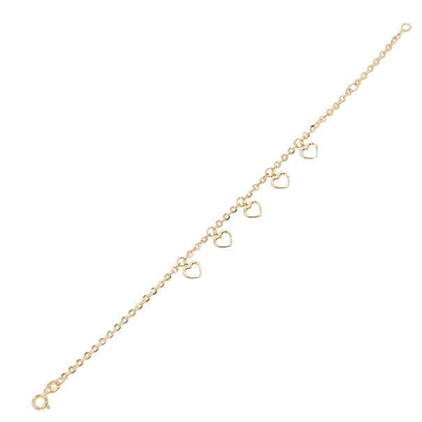 Pulseira em Ouro 18k Bailarina com Berloques Corações Vazados 15cm - 1.40g