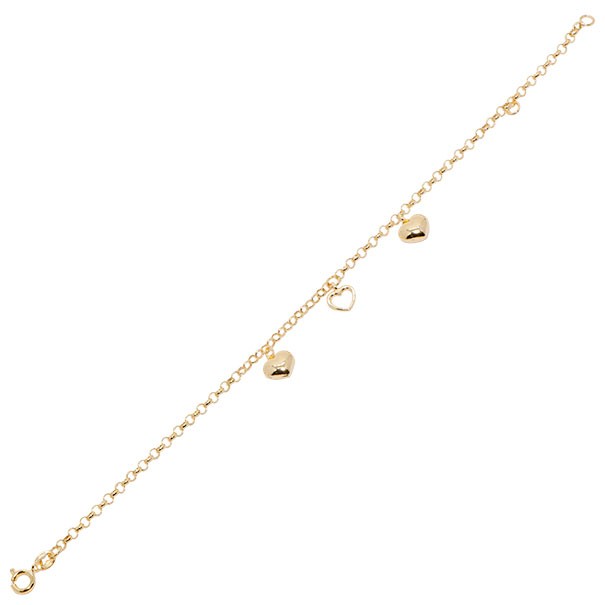 Pulseira em Ouro 18k Bailarina com 3 Berloques Coração 15cm - 1.70g   