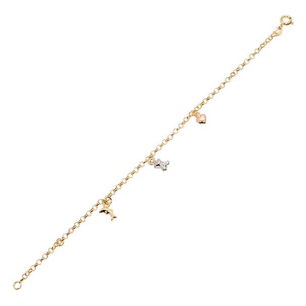 Pulseira em Ouro 18k Infantil Elo Português com Berloques Tricolor 14cm - 1.50g