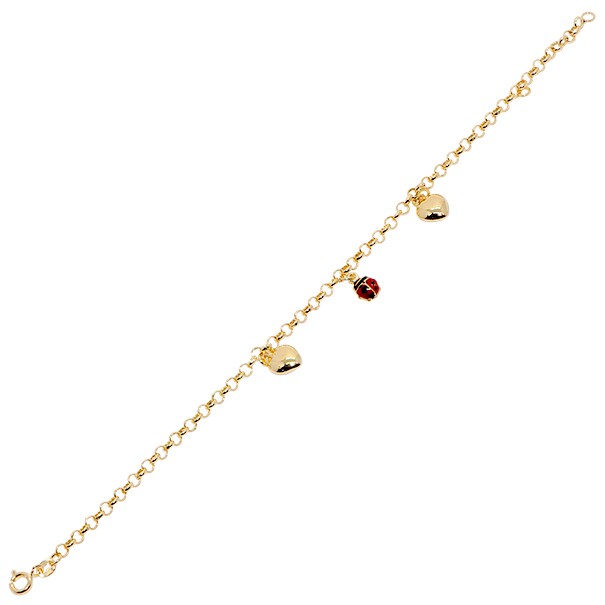 Pulseira em Ouro 18k Infantil Elo Português com Berloques Coração e Joaninha  16cm - 2.30g