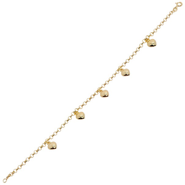 Pulseira em Ouro 18k Elo Português com 5 Berloques Corações 19cm - 3.60g