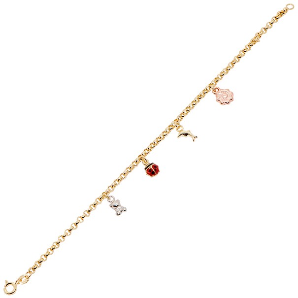 Pulseira em Ouro 18k Infantil Elo Português com 4 Berloques Tricolor 15cm - 2.60g