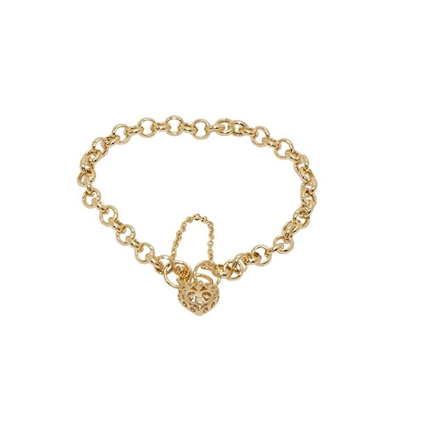 Pulseira em Ouro 18k  Elo Português com Fecho Pega Ladrão Coração 19cm -7.60g 