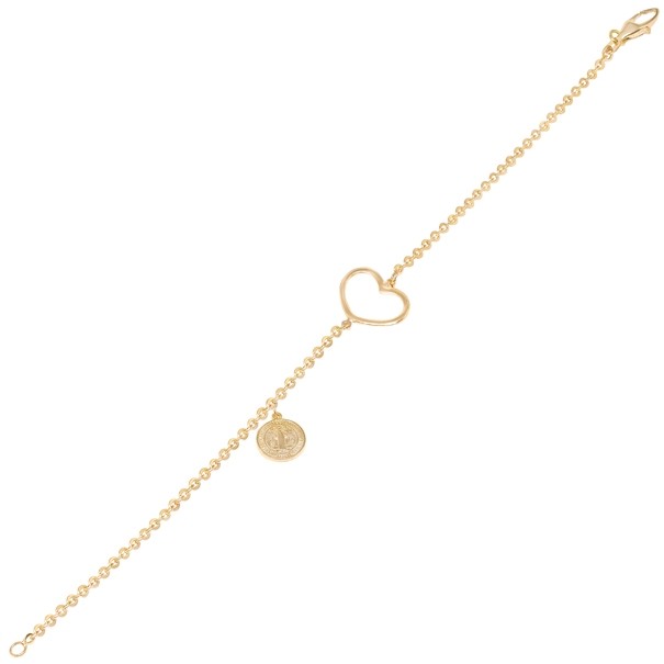 Pulseira em Ouro 18k Bailarina com Coração Vazado e Medalha São Bento 19cm - 2.20g