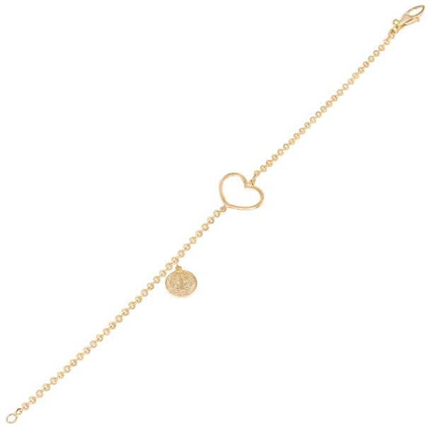 Pulseira em Ouro 18k Bailarina com Coração Vazado e Medalha São Bento 19cm - 2.30g