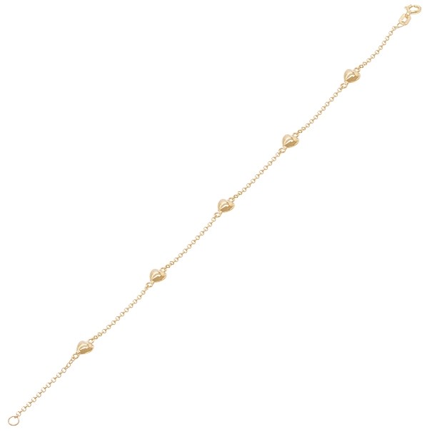 Pulseira em Ouro 18k Elo Português com Corações Polido 19cm - 1.70g  