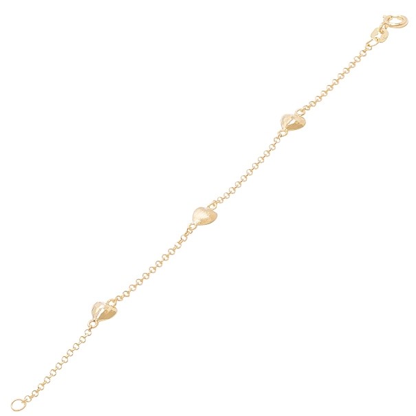 Pulseira em Ouro 18k Elo Português com Corações Fosco/Polido 14cm - 1.10g