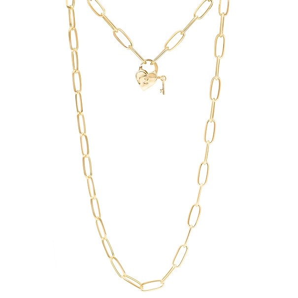 Corrente em Ouro 18k  Elos Ovais com Fecho Coração Cadeado 45cm - 7.50g