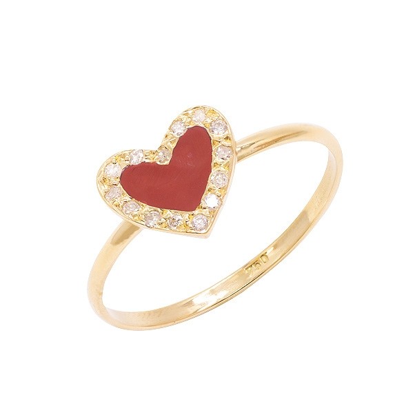 Anel em Ouro 18k Coração com Cerâmica Vermelha e 14 Brilhantes