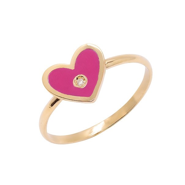 Anel em Ouro 18k Coração com Cerâmica Rosa e 1 Brilhante