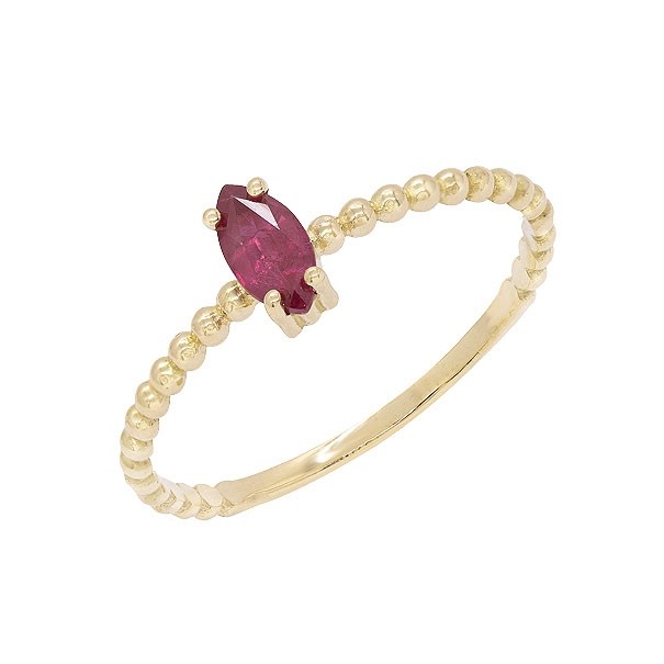 Anel em Ouro 18k Bolinhas Polido com 1 Rubi Navete 6x3mm