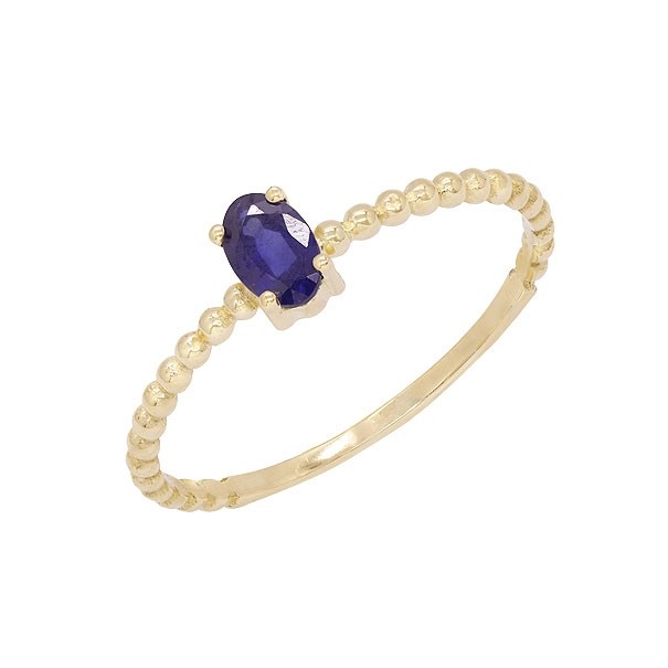 Anel em Ouro 18k Bolinhas Polido com 1 Safira Oval  5x3mm