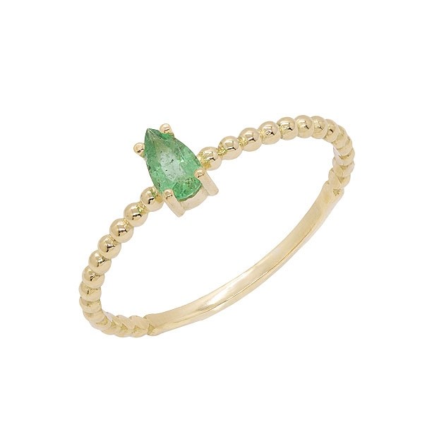 Anel em Ouro 18k Bolinhas Polido com 1 Esmeralda Gota 5x3mm