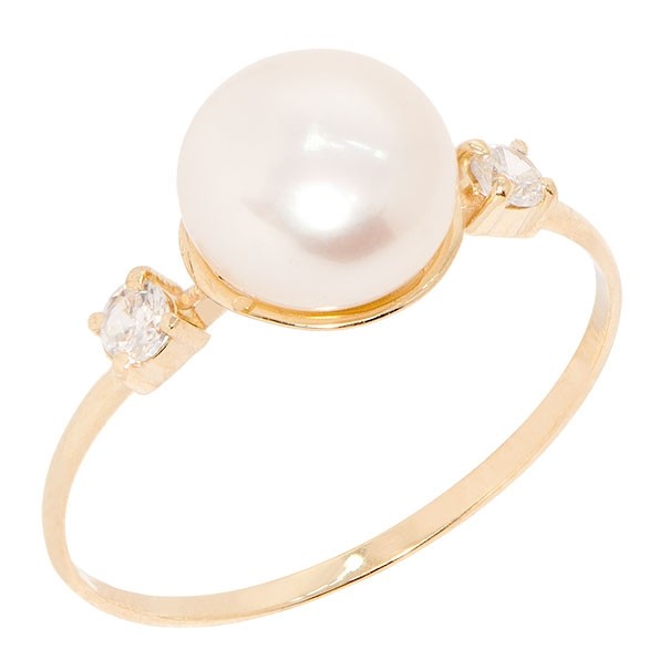 Anel em Ouro 18k Fino com 1 Pérola Biwa 8mm e Zirônias