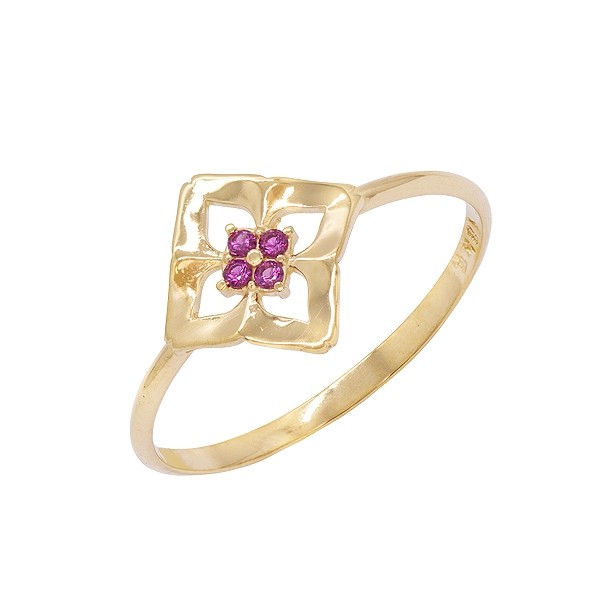 Anel em Ouro 18k Flor com Zircônias Vermelhas