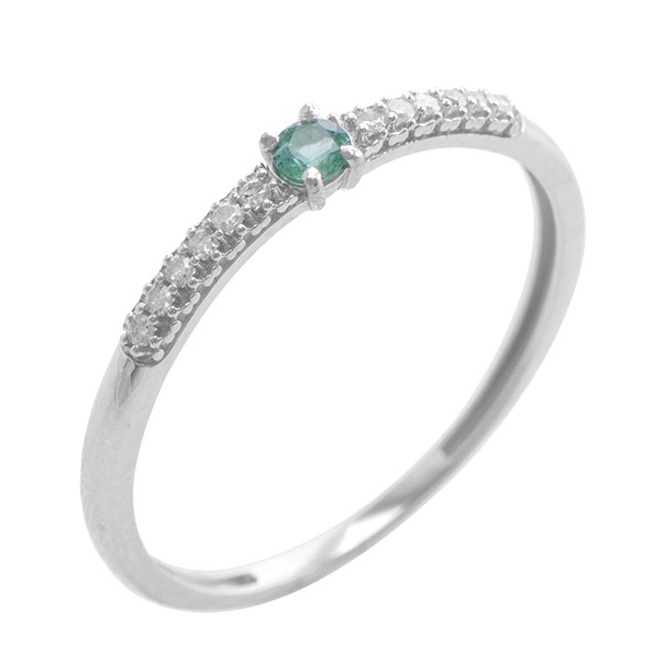 Anel em Ouro Branco 18k Cravejado com 1 Esmeralda e 12 Brilhantes