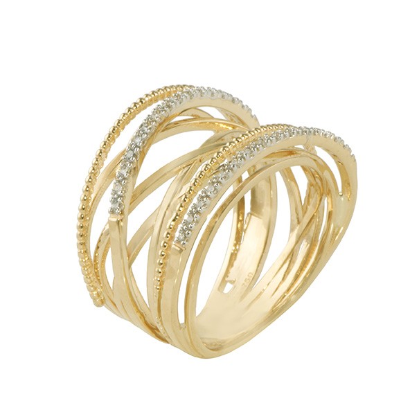 Anel em Ouro 18k Largo Fios Trabalhados com 32 Brilhantes