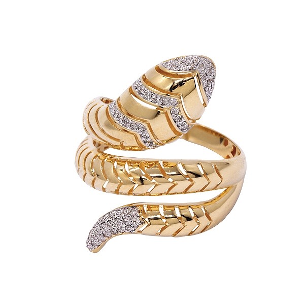 Anel em Ouro 18k Serpente Polida Escamas com 64 Diamantes de 0.32Cts