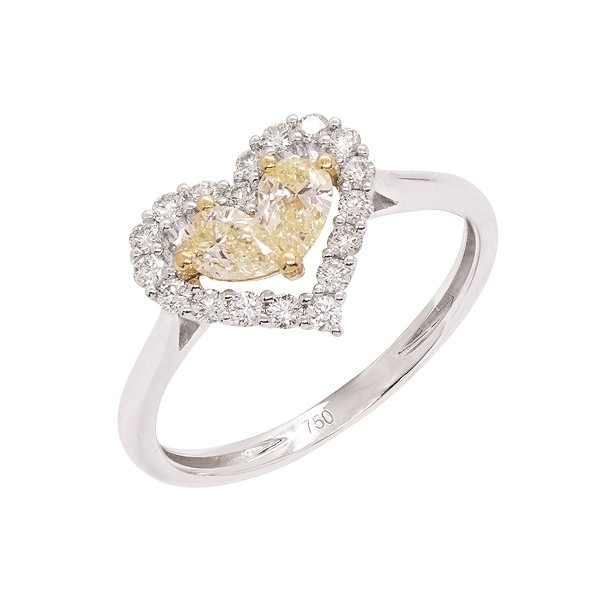 Anel em Ouro Branco 18k Coração com 2 Diamantes Yellow Gotas 0.38cts e 18 Diamantes  0.27cts       