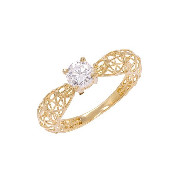 Anel em Ouro 18k Solitário Vazado Diamantado com Zircônia