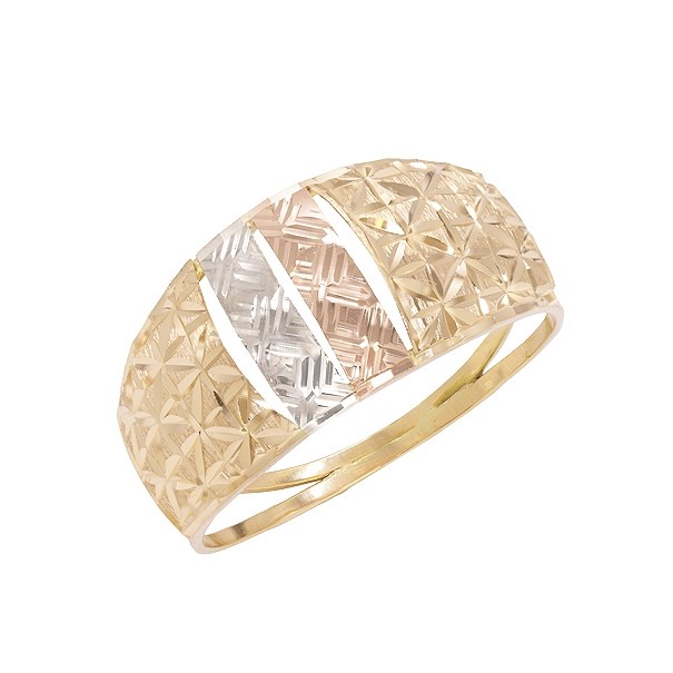 Anel em Ouro 18k Abaulado Chapa Tricolor Diamantado
