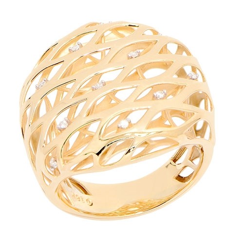 Anel em Ouro 18k Ondas Largo Polido com 11 Brilhantes