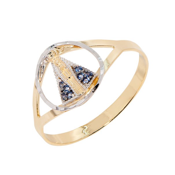 Anel em Ouro 18k Nossa Sra. Aparecida Aro Bicolor com Zircônia