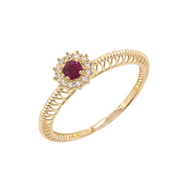 Anel em Ouro 18k Chuveiro Redondo com Zircônias Brancas e Vermelha