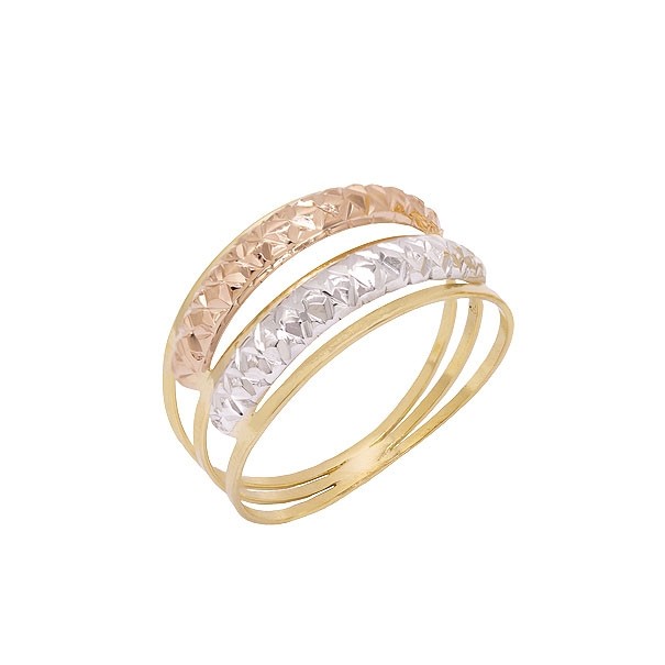 Anel em Ouro 18k 2 Fios Tricolor Abaulado Diamantado