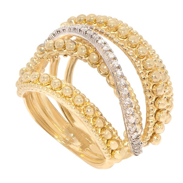 Anel em Ouro 18k  Cartie Largo 5 Fios com Bolinhas Polidas e 28 Brilhantes