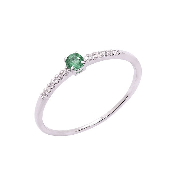 Anel em Ouro Branco 18k Aparador Fino com 1 Esmeralda Cravejado com 12 Brilhantes