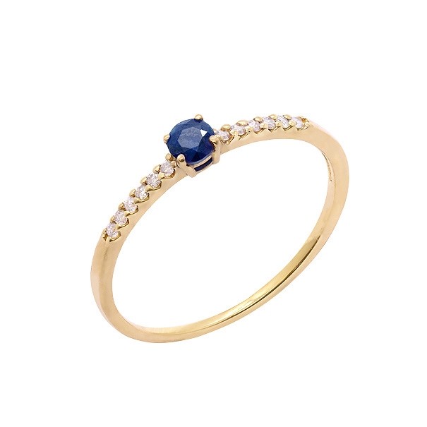 Anel em Ouro 18k Aparador Fino com 1 Safira Cravejado com 12 Brilhantes