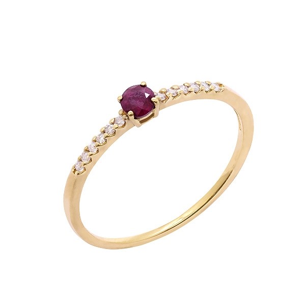 Anel em Ouro 18k Aparador Fino com 1 Rubi Cravejado com 12 Brilhantes