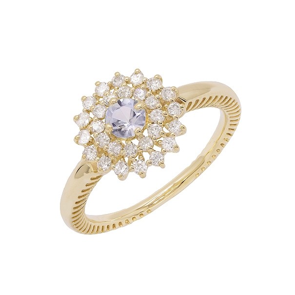 Anel em Ouro 18k Chuveiro Redondo com 1 Água Marinha 4mm de 0.90Cts e 28 Diamantes de 0.41Cts       