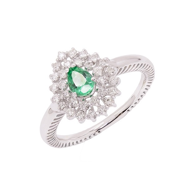 Anel em Ouro Branco 18k Gota com 1 Esmeralda 6x4 de 0.35Cts e 30 Diamantes de 0.42Cts
