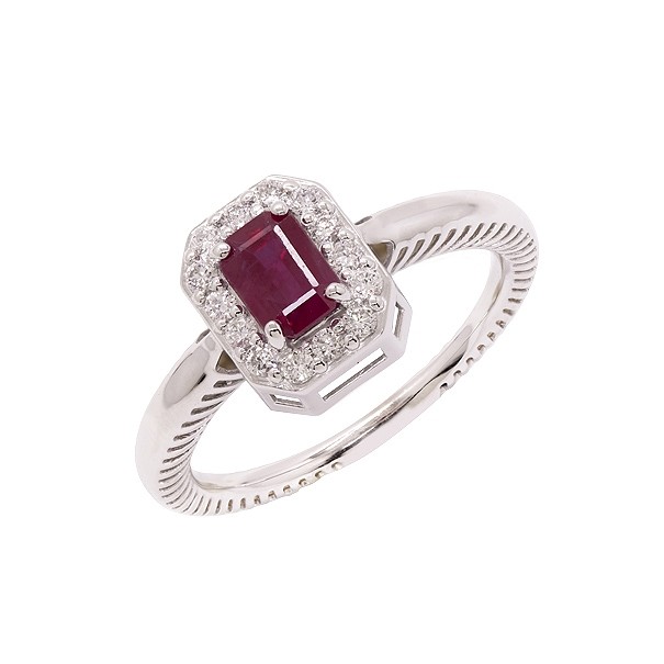 Anel em Ouro Branco 18k Chuveiro Retangular com 1 Rubi 6x4 de 0.65Cts e 14 Diamantes de 0.21Cts 