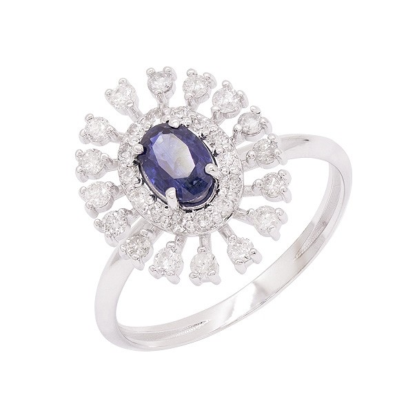 Anel em Ouro Branco 18k Chuveiro Oval com 1 Safira 6x4mm de 0.60Cts e 30 Diamantes de 0.45Cts