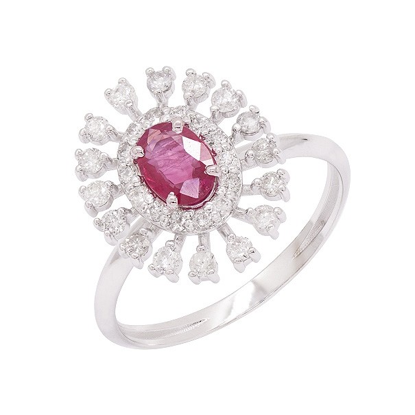 Anel em Ouro Branco 18k Chuveiro Oval com 1 Rubi 6x4mm de 0.46Cts e 30 Diamantes de 0.45Cts