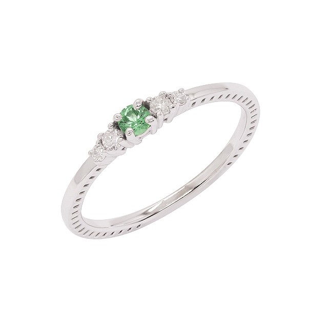Anel em Ouro Branco 18k Solitário com 1 Esmeralda 3mm 0.10Cts e 4 Diamantes 0.09Cts
