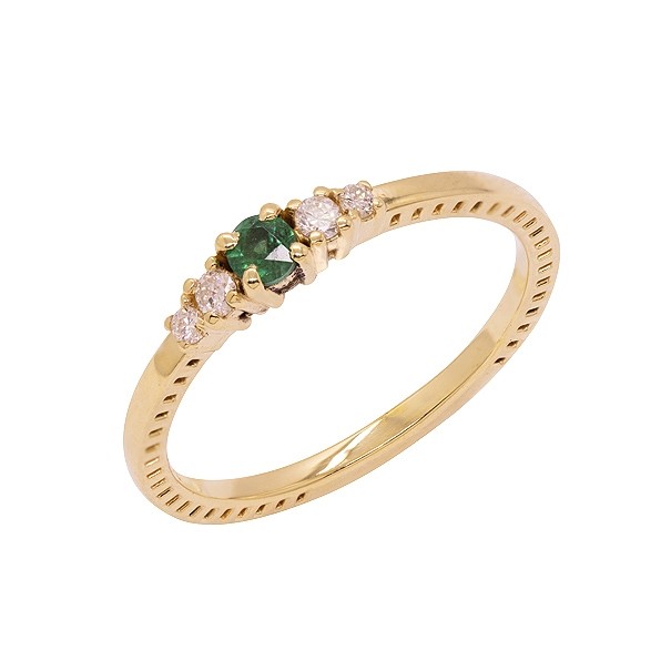 Anel em Ouro 18k Solitário com 1 Esmeralda 3mm de 0.10Cts e 4 Diamantes de 0.09Cts    