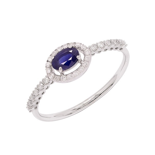 Anel em Ouro Branco 18k Chuveiro Oval com 1 Safira 5x3mm 0.33Cts e 30 Diamantes 0.15Cts 