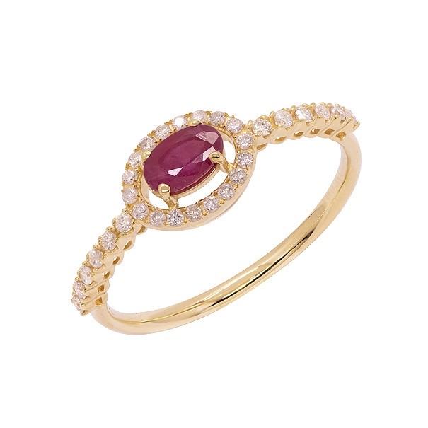 Anel em Ouro 18k Chuveiro Oval com 1 Rubi 5x3mm 0.31Cts e 30 Diamantes 0.15Cts 