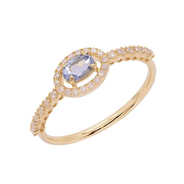 Anel em Ouro 18k Chuveiro Oval com 1 Agua Marinha 5x3mm 0.23Cts e 30 Diamantes 0.15Cts 