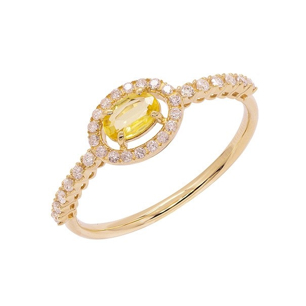Anel em Ouro 18k Chuveiro Oval com 1 Safira Amarela 5x3mm 0.25Cts e 30 Diamantes 0.15Cts  
