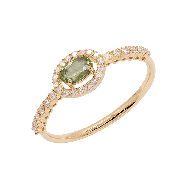 Anel em Ouro 18k Chuveiro Oval com 1 Safira Verde 5x3mm 0.34Cts e 30 Diamantes 0.15Cts