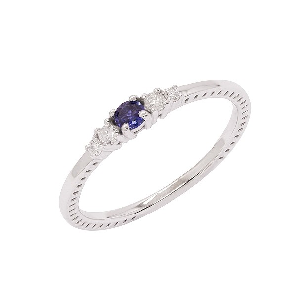 Anel em Ouro Branco 18k Solitário com 1 Safira 3mm 0.14Cts e 4 Diamantes 0.09Cts 
