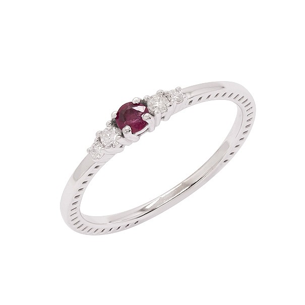 Anel em Ouro Branco 18k Solitário com 1 Rubi 3mm de 0.14Cts e 4 Diamantes de 0.09Cts     