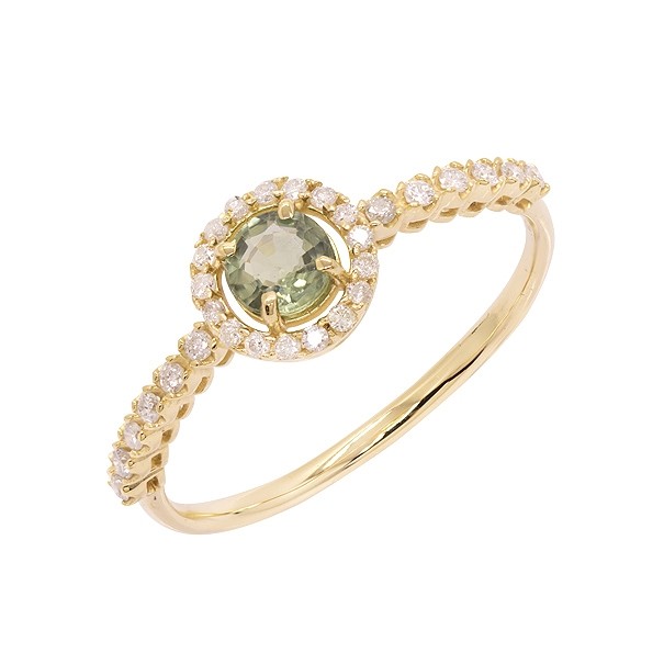 Anel em Ouro 18k Chuveiro Redondo com 1 Safira Verde 4mm de 0.36Cts e 30 Diamantes de 0.15Cts   